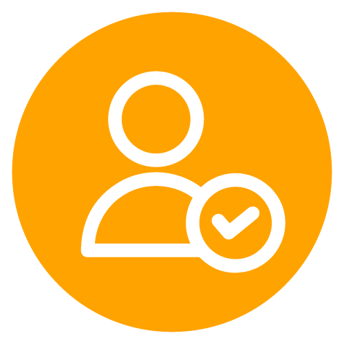 An orange icon with a headshot silhouette and a checkmark.